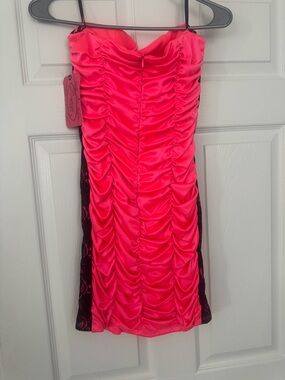 Hot Pink Ruched Satin Mini Dress with Black Lace Sides